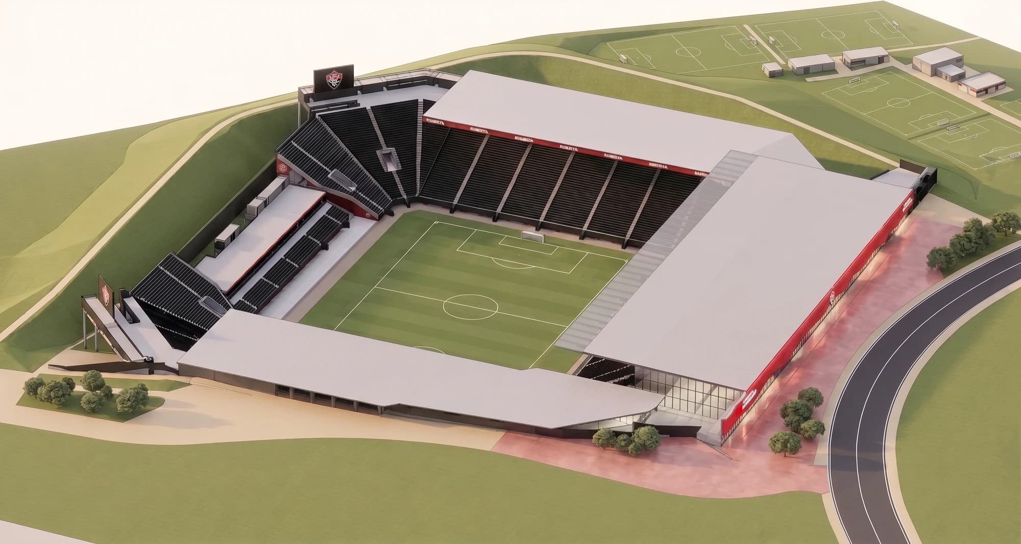Vista do projeto da nova Arena Barradão, com o gramado, as arquibancadas e o entorno