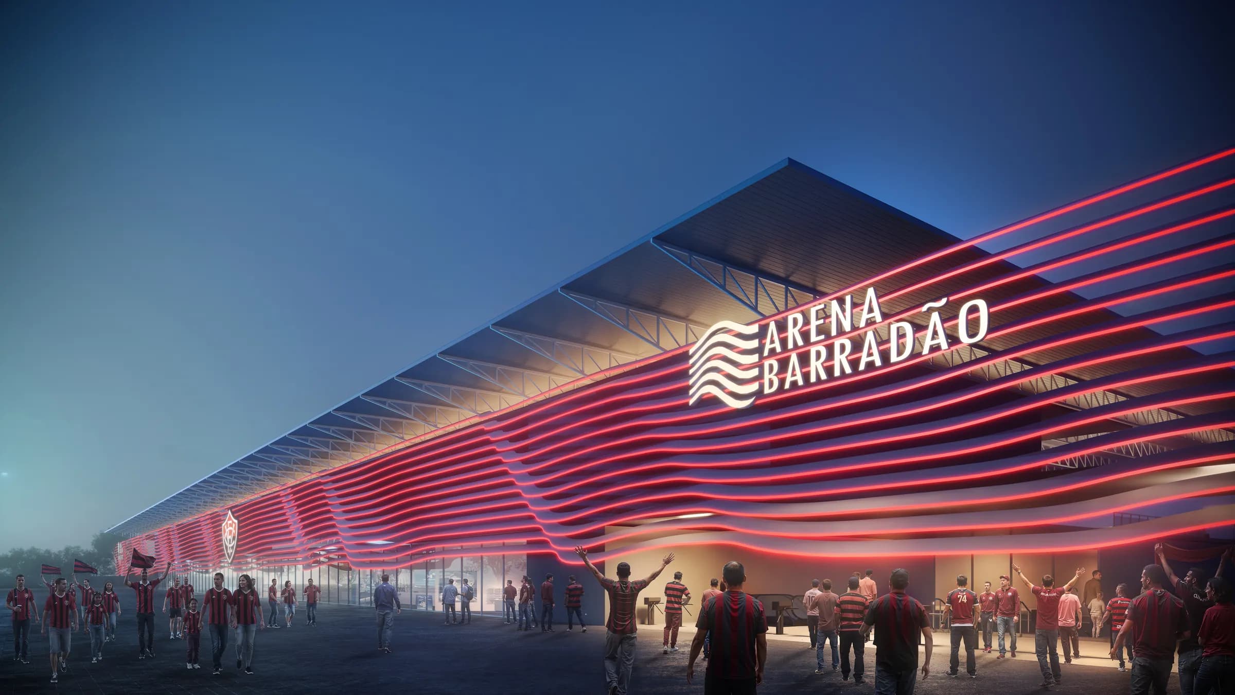 Fachada noturna da Arena Barradão iluminada por faixas de LED vermelhas, com torcedores rubro-negros