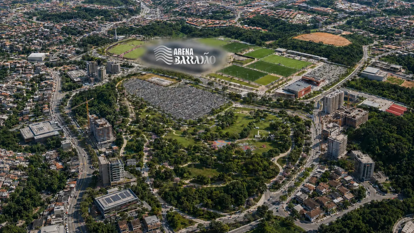 Vista aérea da Arena Barradão no contexto urbano de Salvador