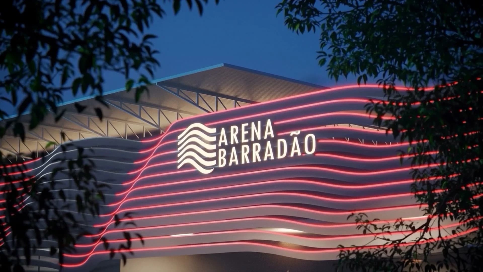 Fachada iluminada da Arena Barradão